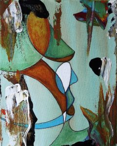 Abstract painting with organic shapes and textured brushstrokes in green, brown, and white tones, representing themes of waste, decay, and transformation