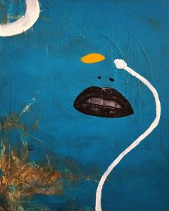 abstract painting of black gothic lips on teal background with minimalist modern design