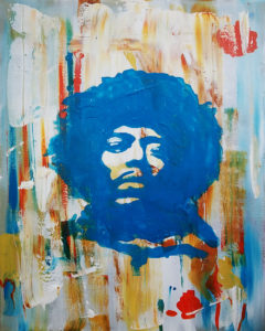 Abstract portrait painting of Jimi Hendrix in bold blue tones with colorful textured background and expressive brushwork