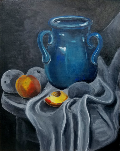 peaches and blue jug still life painting classical fruit composition