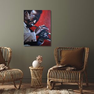 Portrait painting of Miles Davis playing trumpet against a red background