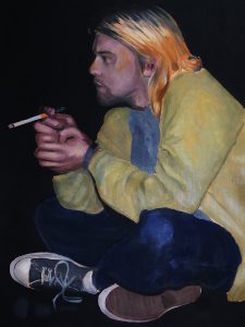 Portrait painting of Kurt Cobain crouching with a cigarette in a dark, introspective scene